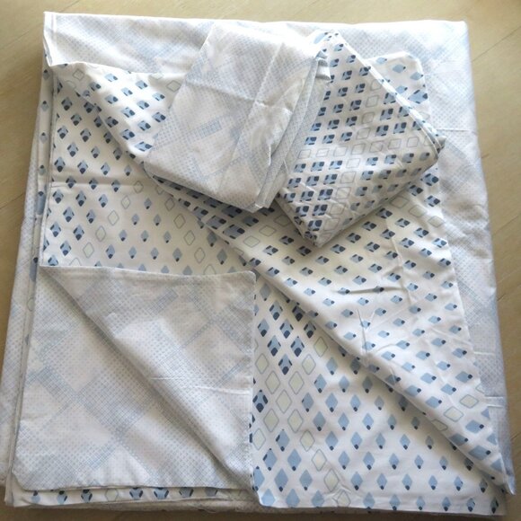 New Blue White Reversable Patterned Cotton Twin Duvet Set 2 Shams 1 Pillowcase - Picture 10 of 16